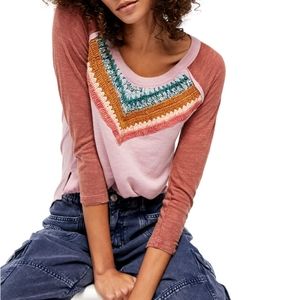 Free People Spring Bound Top 3/4 Sleeve Crochet 